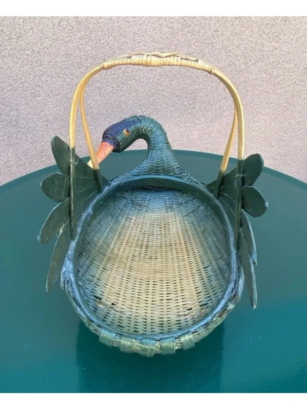 Vintage 10” Zhejiang Chinese Swan Duck Goose Basket Green Bird Original Tag